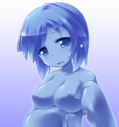 Rule 34 | 1girl, blue eyes, blue hair, blue skin, breasts, character request, colored skin, katami shinta, large breasts, matching hair/eyes, monster girl, nude, original, short hair, slime girl, solo