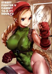 Rule 34 | 1girl, ahoge, artist name, beret, braid, braided ponytail, breasts, cammy white, character name, clenched hands, closed mouth, commentary, copyright name, covered erect nipples, cowboy shot, dated, english commentary, fighting stance, fingerless gloves, gauntlets, gloves, green leotard, harness, hat, highleg, highleg leotard, highres, huge ahoge, large breasts, leotard, long hair, looking to the side, red gloves, red hat, single braid, sleeveless, smile, solo, souryu, standing, street fighter, sweatdrop, tactical clothes, thighs, thong leotard