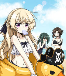 Rule 34 | &gt;:), 3girls, :d, bare arms, bare shoulders, beach, bikini, black bikini, black one-piece swimsuit, black ribbon, blonde hair, blurry, blush, blush stickers, bokeh, breast awe, breasts, brown hair, can, captain barbarossa, cleavage, cloud, collarbone, commentary request, counter:side, crossed bangs, day, depth of field, diffraction spikes, drink, eyepatch, felicette (counter:side), food in mouth, green hair, groin, hair ribbon, half updo, hat, highres, holding, holding can, holding drink, inflatable duck, innertube, jazz9207, korean commentary, laika (counter:side), large breasts, long hair, looking at another, looking at viewer, multiple girls, navel, one-piece swimsuit, open mouth, outdoors, parted bangs, pirate hat, popsicle, popsicle in mouth, popsicle stick, purple eyes, ribbon, skinner (counter:side), sky, smile, sparkle, sweatdrop, swim ring, swimsuit, v-shaped eyebrows, wavy hair, wavy mouth