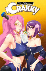 Rule 34 | 2girls, angry, armpits, ass, asymmetrical docking, bare shoulders, battle spirits, battle spirits: shounen gekiha dan, battle spirits shonen gekiha dan, blush, breast press, breasts, cleavage, cover, crop top, cum, dress, drink, drinking, drinking straw, covered erect nipples, gokkun, hair ornament, hand on own hip, hands on own hips, hip focus, large breasts, lipstick, sagging breasts, looking at viewer, magisa, makeup, messy, midriff, multiple girls, off shoulder, open mouth, pink hair, ponytail, purple eyes, purple hair, satou shouji, sexually suggestive, short hair, short twintails, smile, sweat, tongue, twintails, viole mai, yellow eyes