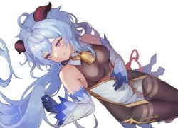 Rule 34 | 1girl, ahoge, bare shoulders, bell, black gloves, blue hair, bodysuit, breasts, brown bodysuit, closed mouth, cowbell, cowboy shot, detached sleeves, dutch angle, floating hair, ganyu (genshin impact), genshin impact, gloves, goat horns, gradient eyes, highres, horns, long hair, looking to the side, medium breasts, multicolored eyes, neck bell, pelvic curtain, ponytail, purple eyes, simple background, sleeves past wrists, smile, solo, thighs, tolfobak2, white background, white sleeves