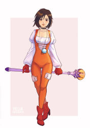 Rule 34 | 1girl, artist name, black choker, bodysuit, boots, border, brown eyes, brown hair, choker, closed mouth, collarbone, felia hanakata, final fantasy, final fantasy ix, full body, garnet til alexandros xvii, gloves, grey background, high heel boots, high heels, highres, holding, holding staff, jewelry, looking at viewer, medium hair, necklace, orange bodysuit, outside border, red footwear, red gloves, simple background, smile, solo, staff, standing, twitter username, white border