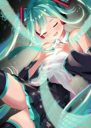 Rule 34 | 1girl, absurdres, aqua hair, aqua nails, aqua necktie, bare shoulders, beamed eighth notes, black skirt, black sleeves, black thighhighs, blush, breasts, closed mouth, commentary, detached sleeves, eighth note, glowing, hair ornament, hands on own chest, hatsune miku, headphones, highres, kairono3jou, long hair, miniskirt, musical note, nail polish, necktie, open mouth, pleated skirt, quarter note, quarter rest, shirt, shoulder tattoo, skirt, sleeveless, sleeveless shirt, small breasts, smile, solo, staff (music), tattoo, thighhighs, treble clef, twintails, very long hair, vocaloid, white shirt