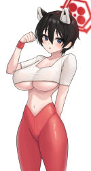 Rule 34 | 1girl, :o, acaa, animal ears, arm behind back, black hair, blue archive, blue eyes, blush, breasts, cat ears, cleavage, collarbone, covered erect nipples, cowboy shot, crop top, hair between eyes, halo, highres, large breasts, looking at viewer, narrow waist, navel, open mouth, pants, paw pose, perky breasts, red pants, shirt, short hair, short sleeves, simple background, solo, square neckline, taut clothes, taut shirt, thick eyelashes, tight clothes, tight pants, tsubaki (blue archive), underboob, white background, white shirt, wristband