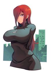 Rule 34 | 1girl, arms behind back, bad id, bad tumblr id, breasts, building, cross, dress, hair over one eye, highres, inverted cross, large breasts, long hair, parasoul (skullgirls), parted lips, red eyes, red hair, ryuji (red-truth), signature, simple background, skullgirls, solo, very long hair, white background
