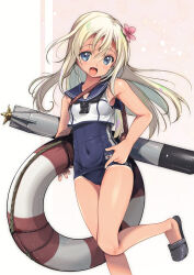 Rule 34 | 1girl, black neckerchief, black one-piece swimsuit, blonde hair, blue eyes, blue sailor collar, breasts, covered navel, crop top, feet out of frame, flower, hair flower, hair ornament, highres, kantai collection, lifebuoy, long hair, neckerchief, old school swimsuit, one-piece swimsuit, one-piece tan, ro-500 (kancolle), sailor collar, sandals, school swimsuit, shirt, sleeveless, sleeveless shirt, small breasts, smile, solo, swim ring, swimsuit, tan, tanline, torpedo, yashin (yasinz)