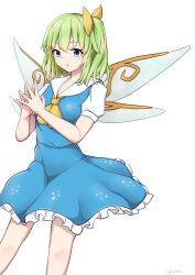 Rule 34 | 1girl, :o, absurdres, ascot, blue dress, blue eyes, bow, breasts, commentary request, cowboy shot, daiyousei, dot nose, dress, fairy, fairy wings, feet out of frame, frilled dress, frills, green hair, hair between eyes, hair bow, highres, komashihan (koma 45), looking at viewer, looking to the side, medium breasts, multiple wings, own hands together, shirt, short hair, short sleeves, side ponytail, simple background, solo, touhou, white background, white shirt, wings, yellow ascot, yellow bow
