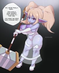 Rule 34 | breasts, hammer, highres, huge breasts, league of legends, nerftheyordles, nipples, poppy (league of legends), revealing clothes, speech bubble, weapon, yordle