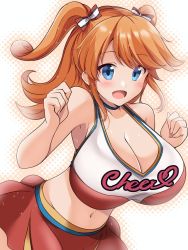 Rule 34 | 1girl, :d, alternate breast size, armpits, bare shoulders, blue eyes, bow, breasts, character name, cheerleader, cleavage, clenched hands, girlfriend (kari), hair ornament, huge breasts, kurokaze no sora, midriff, navel, no bra, open mouth, orange hair, red bow, sagara emi, simple background, smile, standing, two side up, white background
