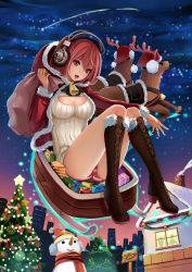Rule 34 | 1girl, absurdres, antlers, bell, blush, box, breasts, christmas, cleavage, cleavage cutout, clothing cutout, deer, gift, gift box, gyakushuu no hoshiumi, hat, headphones, highres, hood, horns, large breasts, long hair, looking at viewer, md5 mismatch, meme attire, nitroplus, no pants, open-chest sweater, open mouth, panties, pink eyes, pink hair, reindeer, ribbed sweater, santa hat, smile, solo, striped clothes, striped panties, sunglasses, super sonico, sweater, turtleneck, underwear