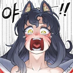 Rule 34 | 1girl, ahri (league of legends), animal ears, artist name, bare shoulders, black hair, blush, collarbone, d:, facial mark, fox ears, league of legends, lolboja, long hair, open mouth, screaming, solo, tears, teeth, tongue, translation request, whisker markings, yellow eyes