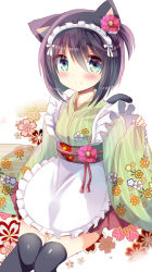 Rule 34 | 1girl, animal ears, apron, black hair, black thighhighs, blue eyes, blush, cat ears, cat girl, cat tail, closed mouth, commentary request, fingernails, floral background, flower, frilled apron, frills, green kimono, hair between eyes, hair flower, hair ornament, japanese clothes, kimono, kuriyuzu kuryuu, long sleeves, looking at viewer, maid, maid headdress, obi, one side up, original, over-kneehighs, pinching sleeves, pink skirt, pleated skirt, sash, short hair, short kimono, sitting, skirt, smile, solo, tail, thighhighs, wa maid, white apron, white background, wide sleeves