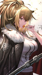 Rule 34 | 1girl, animal ears, arknights, black choker, black jacket, black nails, breasts, brown eyes, brown hair, candy, choker, commentary request, food, from side, fur-trimmed jacket, fur trim, hair between eyes, high ponytail, highres, holding, holding food, jacket, jacket on shoulders, large breasts, licking, lollipop, long hair, looking at viewer, looking to the side, nail polish, open mouth, shirt, sidelocks, siege (arknights), simple background, solo, takamine nadare, tongue, tongue out, unzipped, upper body, very long hair, white background, white shirt