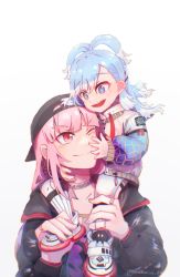 Rule 34 | 2girls, absurdres, backwards hat, baseball cap, carrying, carrying over shoulder, cropped hoodie, father and son, hair behind ear, hat, highres, hololive, hololive english, hololive indonesia, hood, hoodie, jacket, kobo kanaeru, liquid hair, mmmmin dk, mori calliope, mori calliope (new underworld order), multiple girls, official alternate costume, on shoulder, pink hair, raincoat, see-through, see-through jacket, sitting on shoulder, sleeves past fingers, sleeves past wrists, virtual youtuber, white hoodie