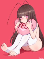 Rule 34 | 1girl, antennae, brown hair, feet, goki buri, gokiburi-chan, highres, hime cut, long hair, mole, mole on ass, nail polish, no panties, original, pink eyes, pout, red background, simple background, soles, solo, stirrup legwear, thighhighs, thighs, toeless legwear, toenail polish, toenails, toes, topless, valentine, white thighhighs, yes-no pillow