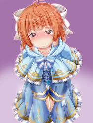 Rule 34 | 1girl, ahoge, between legs, blue bow, blue bowtie, blue capelet, blue dress, blunt bangs, blush, bow, bowtie, buttons, capelet, closed mouth, collarbone, dress, embarrassed, female focus, frilled capelet, frilled dress, frills, glint, gradient background, hair ribbon, half-closed eyes, halftone, hand between legs, have to pee, highres, indie virtual youtuber, long hair, long sleeves, miso panda, mole, mole under eye, nose blush, orange hair, outline, own hands together, peeing, peeing self, purple background, red eyes, ribbon, shindo leo, sidelocks, simple background, solo, standing, steam, striped, striped bow, sweat, tears, two-tone background, v arms, virtual youtuber, wavy mouth, white outline, white ribbon