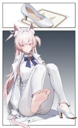 Rule 34 | 1girl, akira (blue archive), animal ears, barefoot, blue archive, blush, cat tail, feet, highres, light smile, long hair, looking away, pink eyes, pink hair, shoes, unworn shoes, soles, tail, toes