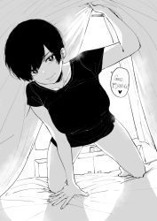 Rule 34 | 1girl, alarm clock, all fours, barefoot, clock, dutch angle, facing viewer, full body, greyscale, highres, indoors, looking at viewer, monochrome, norman maggot, olive laurentia, original, pixie cut, shirt, short hair, solo, speech bubble, t-shirt