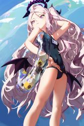 Rule 34 | 1girl, absurdres, bare shoulders, blue archive, blush, breasts, hair ornament, hairclip, halo, hand on own hip, highres, hina (blue archive), hina (swimsuit) (blue archive), horns, innertube, long hair, one-piece swimsuit, pink hair, purple eyes, school swimsuit, solo, swim ring, swimsuit, very long hair, waterswing