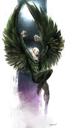 Rule 34 | 1boy, abs, artist name, bald, bodysuit, feathered wings, fur trim, highres, male focus, marvel, naratani, solo, teeth, vulture (marvel), white background, wings