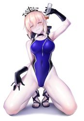 Rule 34 | 1girl, absurdres, artoria pendragon (all), artoria pendragon (alter swimsuit rider) (fate), artoria pendragon (alter swimsuit rider) (third ascension) (fate), artoria pendragon (fate), bare legs, black gloves, black nails, blonde hair, blue one-piece swimsuit, blue ribbon, bottle, breasts, choker, commentary request, competition swimsuit, covered navel, fate/grand order, fate (series), feet, full body, gloves, gluteal fold, hair between eyes, hair ribbon, hand up, head tilt, high heels, highleg, highleg swimsuit, highres, holding, looking at viewer, lotion, medium breasts, nail polish, one-piece swimsuit, ribbon, saber (fate), saber (summer battle clothes) (fate), saber alter, sandals, simple background, smile, solo, swimsuit, tiara, toenail polish, toenails, toes, ulrich (tagaragakuin), white background, yellow eyes