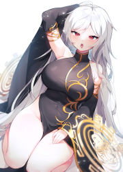 Rule 34 | 1girl, :o, ahoge, arm behind head, bare legs, bare shoulders, black dress, breasts, character request, china dress, chinese clothes, commission, covered collarbone, covered navel, dress, dutch angle, highres, large breasts, long hair, looking at viewer, maplestory, open mouth, red eyes, sen light, simple background, sitting, swept bangs, taut clothes, taut dress, tight clothes, tight dress, tsurime, turtleneck, very long hair, wariza, white background, white hair