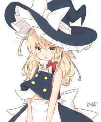 Rule 34 | 1girl, apron, bare shoulders, black hat, black skirt, black vest, blonde hair, blush, bow, braid, commentary request, coreytaiyo, dated, dress shirt, flying sweatdrops, green eyes, hair between eyes, hair bow, hat, hat bow, highres, kirisame marisa, long hair, looking at viewer, navel, parted lips, red bow, shirt, side braid, signature, single braid, skirt, sleeveless, sleeveless shirt, solo, touhou, vest, waist apron, white apron, white background, white bow, white shirt, witch hat