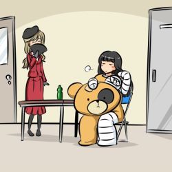 Rule 34 | 10s, 2girls, puff of air, adjusting hair, animal costume, bandages, bandaid, bear costume, black footwear, black hair, black legwear, blunt bangs, blush, boko (girls und panzer), bottle, brown hair, chair, closed eyes, closed mouth, covered mouth, door, facing another, folding chair, formal, frown, girls und panzer, hand fan, holding, holding fan, indoors, jacket, kogane (staygold), long hair, long sleeves, mature female, medium skirt, multiple girls, nishizumi shiho, pantyhose, red jacket, red skirt, shadow, shimada chiyo, shoes, sigh, sitting, skirt, skirt suit, standing, straight hair, suit, table