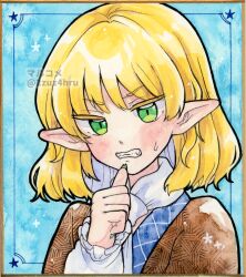 Rule 34 | 1girl, 2zuz4hru, arm warmers, biting, blonde hair, blue background, blush, brown shirt, clenched teeth, commentary request, green eyes, green nails, looking at viewer, medium bangs, mizuhashi parsee, painting (medium), pointy ears, scarf, shirt, short hair, solo, teeth, thumb biting, touhou, traditional media, twitter username, upper body, watercolor (medium), white scarf