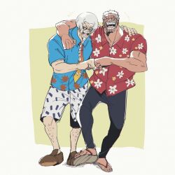 Rule 34 | 2boys, arm around neck, arm up, beard, casual, closed eyes, collared shirt, facial hair, fist bump, friends, full body, glasses, grey hair, highres, laughing, male focus, medium hair, monkey d. garp, multiple boys, necktie, old, old man, one piece, open mouth, ovasayuri, pants, round eyewear, sandals, scar, scar on face, sengoku (one piece), shirt, shoes, short hair, short sleeves, shorts, side-by-side, smile, toes, walking, wing collar
