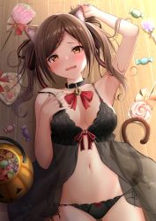 Rule 34 | 1girl, animal ear fluff, animal ears, arm up, armpits, babydoll, bad id, bad pixiv id, bare arms, bare shoulders, black choker, black panties, breasts, brown eyes, brown hair, candy, cat ears, cat girl, cat tail, choker, fang, food, halloween, halloween bucket, highres, lingerie, lollipop, long hair, looking at viewer, lying, medium breasts, monaka curl, nail polish, navel, on back, on floor, open mouth, original, panties, pumpkin, red nails, revision, see-through, side-tie panties, solo, stomach, string panties, swirl lollipop, tail, twintails, underwear, underwear only, wavy mouth, wooden floor