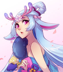 Rule 34 | 1girl, antlers, artist name, collarbone, detached sleeves, flower, from side, fur trim, gradient background, green hair, grey background, hair flower, hair ornament, hair rings, horns, league of legends, lillia (league of legends), long hair, looking at viewer, navel, open mouth, pink eyes, single bare shoulder, spirit blossom lillia, upper body, vmat, white flower