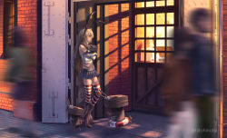 Rule 34 | 1girl, black panties, blonde hair, blue skirt, brick wall, building, crop top, elbow gloves, gloves, hairband, highleg, highleg panties, highres, hitohinoto, kantai collection, lifebuoy, long hair, microskirt, outdoors, panties, rensouhou-chan, sailor collar, shimakaze (kancolle), skirt, standing, striped clothes, striped thighhighs, swim ring, thighhighs, thong, underwear, white gloves, window
