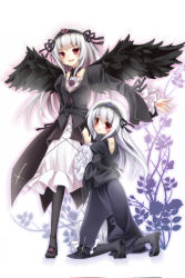 Rule 34 | 00s, bad id, bad pixiv id, boots, dress, dual persona, frills, hairband, kneeling, red eyes, rozen maiden, silver hair, suigintou, wings, yonema
