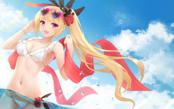 Rule 34 | 1girl, :d, bare shoulders, bikini, blonde hair, breasts, cleavage, cloud, collarbone, day, eyewear on head, forever 7th capital, hair ribbon, heart, heart-shaped eyewear, long hair, looking at viewer, medium breasts, navel, open mouth, outdoors, red eyes, ribbon, rko (a470350510), shawl, side ponytail, sky, smile, solo, stomach, string bikini, sunglasses, sunglasses on head, sunlight, swimsuit, very long hair, water, white bikini