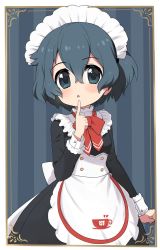 Rule 34 | 1girl, alternate costume, apron, black dress, black hair, blue eyes, blush, bow, bowtie, commentary request, cowboy shot, dress, enmaided, finger to mouth, frilled dress, frills, japari symbol, kaban (kemono friends), kemono friends, kemono friends 3, long sleeves, maid, maid apron, maid headdress, no headwear, ransusan, red bow, red bowtie, short hair, sleeve cuffs, solo, white frills
