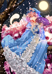 Rule 34 | 1girl, blue hat, cherry blossoms, commentary request, cup, frilled kimono, frills, full moon, ghost, hand fan, hat, holding, holding cup, holding fan, japanese clothes, kimono, looking at viewer, mob cap, moon, nagare, night, outdoors, pink eyes, pink hair, saigyouji yuyuko, sakazuki, solo, touhou, triangular headpiece