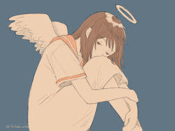 Rule 34 | 1girl, angel wings, blue background, brown eyes, brown hair, covered mouth, dress, feathered wings, feet out of frame, fukaba mika, haibane renmei, half-closed eyes, halo, hatching (texture), head rest, hugging own legs, knees to chest, knees up, linear hatching, medium hair, rakka (haibane), red sailor collar, sad, sailor collar, sailor dress, short sleeves, simple background, sitting, solo, straight hair, swept bangs, twitter username, white dress, white wings, wings