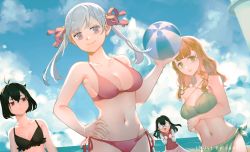 Rule 34 | 4girls, antenna hair, arm under breasts, artist name, ball, bare legs, bare shoulders, beach, beachball, bikini, black bikini, black clover, black hair, blunt bangs, breast hold, breasts, cleavage, closed mouth, cloud, coke-bottle glasses, collarbone, cousins, female focus, frilled bikini, frills, glasses, green bikini, green eyes, green sarong, hair down, hair ribbon, highres, holding, holding ball, lolopechka, long hair, looking at viewer, medium breasts, midriff, mimosa vermillion, multiple girls, navel, neekochanii, noelle silva, ocean, orange hair, parted lips, pink skirt, purple eyes, red bikini, red eyes, ribbon, sarong, secre swallowtail, short hair, side-tie bikini bottom, sideboob, sidelocks, silver hair, skirt, sky, small breasts, smile, standing, swimsuit, triangle mouth, twintails, water drop, wet