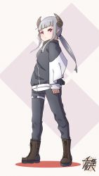 Rule 34 | 1girl, black pants, black shirt, boots, brown footwear, commentary request, cross-laced footwear, full body, grey background, grey hair, highres, kuro kosyou, lace-up boots, long hair, long sleeves, low ponytail, original, pants, ponytail, red eyes, shirt, sidelocks, sleeves past wrists, solo, standing, v-shaped eyebrows