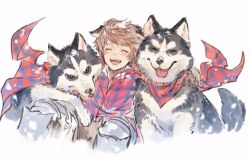 Rule 34 | 1boy, animal, animal ears, blush, brown gloves, brown hair, closed eyes, dog, dog boy, dog ears, gloves, gran (granblue fantasy), granblue fantasy, lumberjack (granblue fantasy), male focus, official alternate costume, open mouth, short hair, simple background, smile, tongue, tongue out, white background, zanki