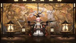 Rule 34 | 1girl, alchemy stars, belt, bonsai, bridal gauntlets, chest sarashi, choker, coat, coat on shoulders, commentary, hands on own thighs, highres, hiiro (alchemy stars), katana, knifedragon, lantern, looking at viewer, official art, pink eyes, pink hair, reflective floor, sarashi, scabbard, seiza, sheath, sheathed, short hair, sitting, sword, symbol-only commentary, tree, weapon, weapon stand