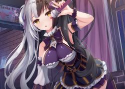 Rule 34 | 1girl, absurdres, black hair, breasts, character request, chibi, curtains, dress, hair ornament, heart, heart tattoo, highres, holding, holding microphone, large breasts, looking at viewer, microphone, multicolored hair, open mouth, tattoo, tenkafuma, touhourh, white hair, window, yellow eyes