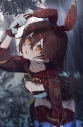 Rule 34 | 1girl, amber (genshin impact), blurry, blurry background, boots, breasts, brown hair, brown shorts, commentary request, cropped jacket, crossed bangs, depth of field, forest, genshin impact, gloves, goggles, goggles around neck, hair between eyes, hair ribbon, high-waist shorts, highres, jacket, long hair, medium breasts, nakaba (mode), nature, open mouth, outdoors, rain, red jacket, red ribbon, red thighhighs, ribbon, shorts, shrug (clothing), signature, solo, thigh boots, thigh strap, thighhighs, wet, wet hair, white footwear, white gloves