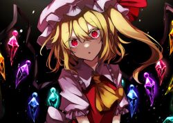 Rule 34 | 1girl, ascot, black background, commentary, crystal, flandre scarlet, hat, hat ribbon, light particles, looking at viewer, medium hair, mob cap, one side up, open mouth, red eyes, red ribbon, ribbon, short sleeves, simple background, solo, souko illust, touhou, upper body, white hat, yellow ascot