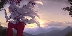 Rule 34 | 1girl, absurdres, arm on knee, arm up, cigarette, cloud, commentary request, feet out of frame, flaming hand, floating hair, from side, fujiwara no mokou, hair ribbon, highres, knee up, leaning forward, long hair, long sleeves, looking to the side, mahimaru, mountainous horizon, mouth hold, ofuda, outdoors, pants, profile, purple sky, red eyes, red pants, ribbon, shirt, silver hair, sky, smoke, smoking, solo, standing, suspenders, touhou, twilight, very long hair, white shirt