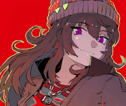 Rule 34 | 1girl, beanie, brown hair, brown jacket, chain, chain necklace, closed mouth, grey hat, hat, jacket, jewelry, long hair, looking at viewer, metsugi (mekki5160), nakayama festa (umamusume), necklace, open clothes, open jacket, outline, purple eyes, red shirt, shirt, smile, solo, umamusume, yellow outline