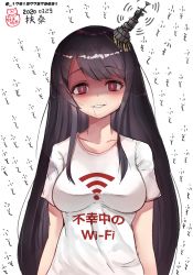 Rule 34 | 1girl, @ @, absurdres, akizuki shigure, alternate costume, artist name, black hair, blush, breasts, character name, clothes writing, collarbone, commentary request, dated, fusou (kancolle), hair ornament, highres, kantai collection, large breasts, long hair, red eyes, shaded face, shirt, short sleeves, signature, simple background, solo, twitter username, upper body, white background, white shirt, wifi symbol
