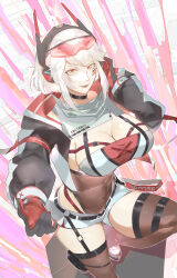 Rule 34 | 1girl, absurdres, belt, black belt, black choker, black gloves, black jacket, black leotard, black thighhighs, breasts, character name, choker, cleavage, covered navel, cropped jacket, cropped shirt, gloves, headphones, highres, jacket, large breasts, leotard, long sleeves, looking at viewer, multicolored clothes, multicolored shirt, navel, open mouth, red gloves, red jacket, red shirt, shirt, short hair, sleeplessrhythm, slit pupils, smile, solo, thigh strap, thighhighs, two-sided fabric, two-sided gloves, two-sided jacket, two-tone shirt, virtual youtuber, vshojo, white shirt, yellow eyes, zentreya (cyborg), zentreya (cyborg) (2nd costume), zentreya