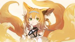 Rule 34 | 1girl, animal ear fluff, animal ears, aonogura, arknights, braid, braided hair rings, closed mouth, commentary, dress, earpiece, fox ears, fox tail, frills, green eyes, grey background, hair between eyes, hair rings, hairband, hand on own chest, highres, infection monitor (arknights), light smile, looking at viewer, medium hair, multicolored hair, multiple tails, orange hair, portrait, simple background, smile, solo, suzuran (arknights), tail, two-tone hair, white dress, white hair